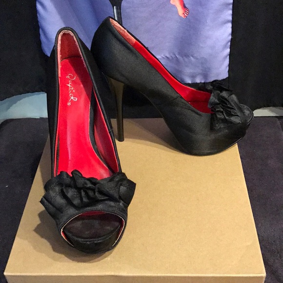 Black Satin Heels - Red Insole, Size 6 - Picture 1 of 4